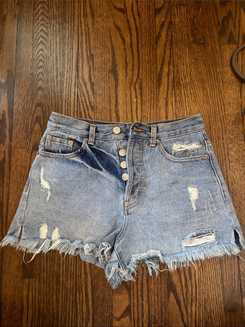Button-Front Distressed Denim Shorts - Light Blue